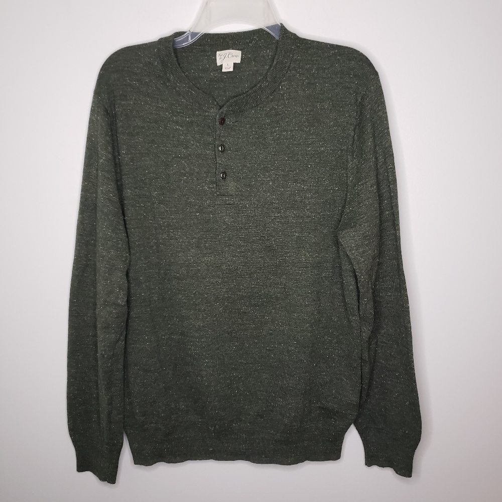 J. Crew Sz L Donegal Tweed Olive Green Marled Henley  Long Sleeve Cotton & Silk